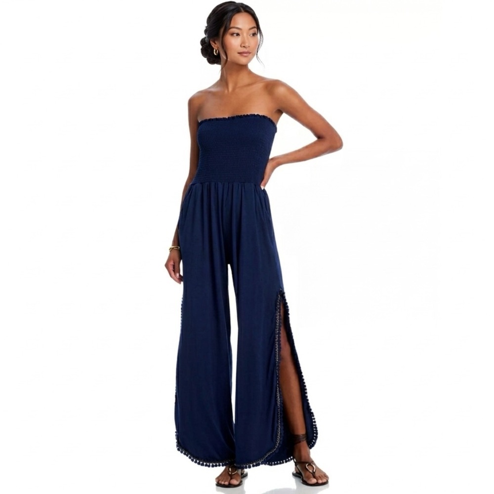 PEIXOTO Harriet Strapless Smocked Jumpsuit Classic Navy Pocketed Womens Sz XL